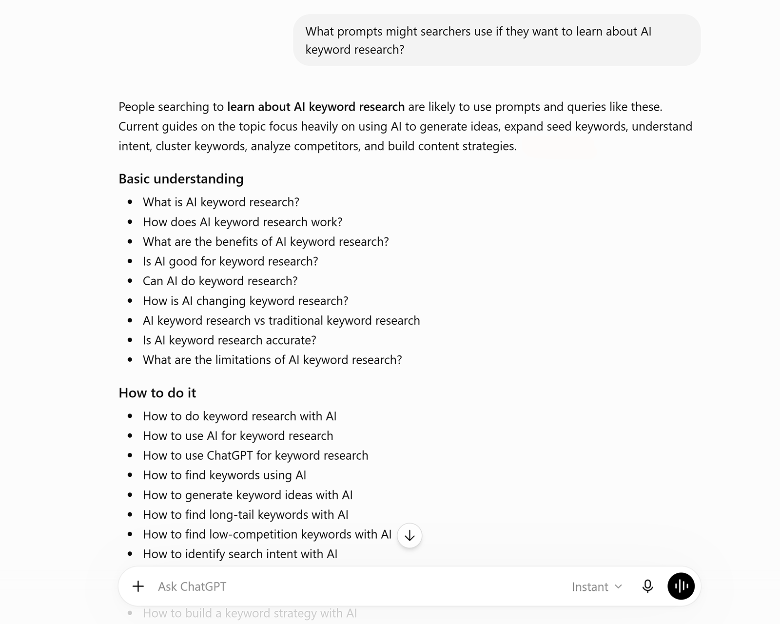 ChatGPT suggesting prompts people might use to learn about and perform AI keyword research