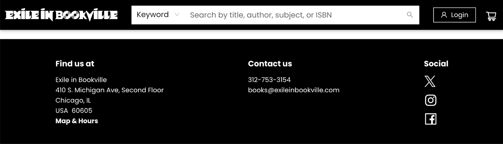 A local bookstore has NAP listed in their footer along with social profile links.