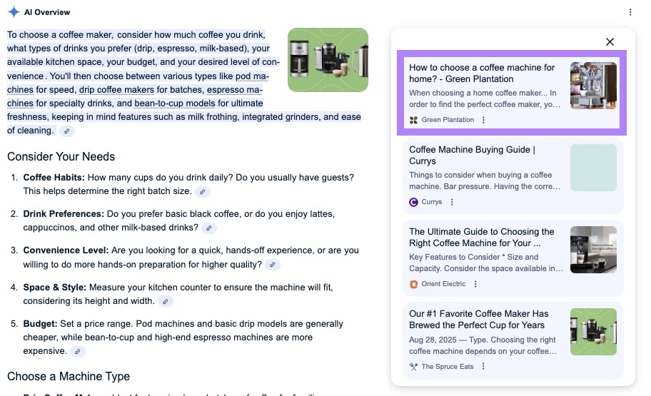 SERP for “how to choose a coffee maker” with an AI Overview appearing at the top along with the first source on the right highlighted.
