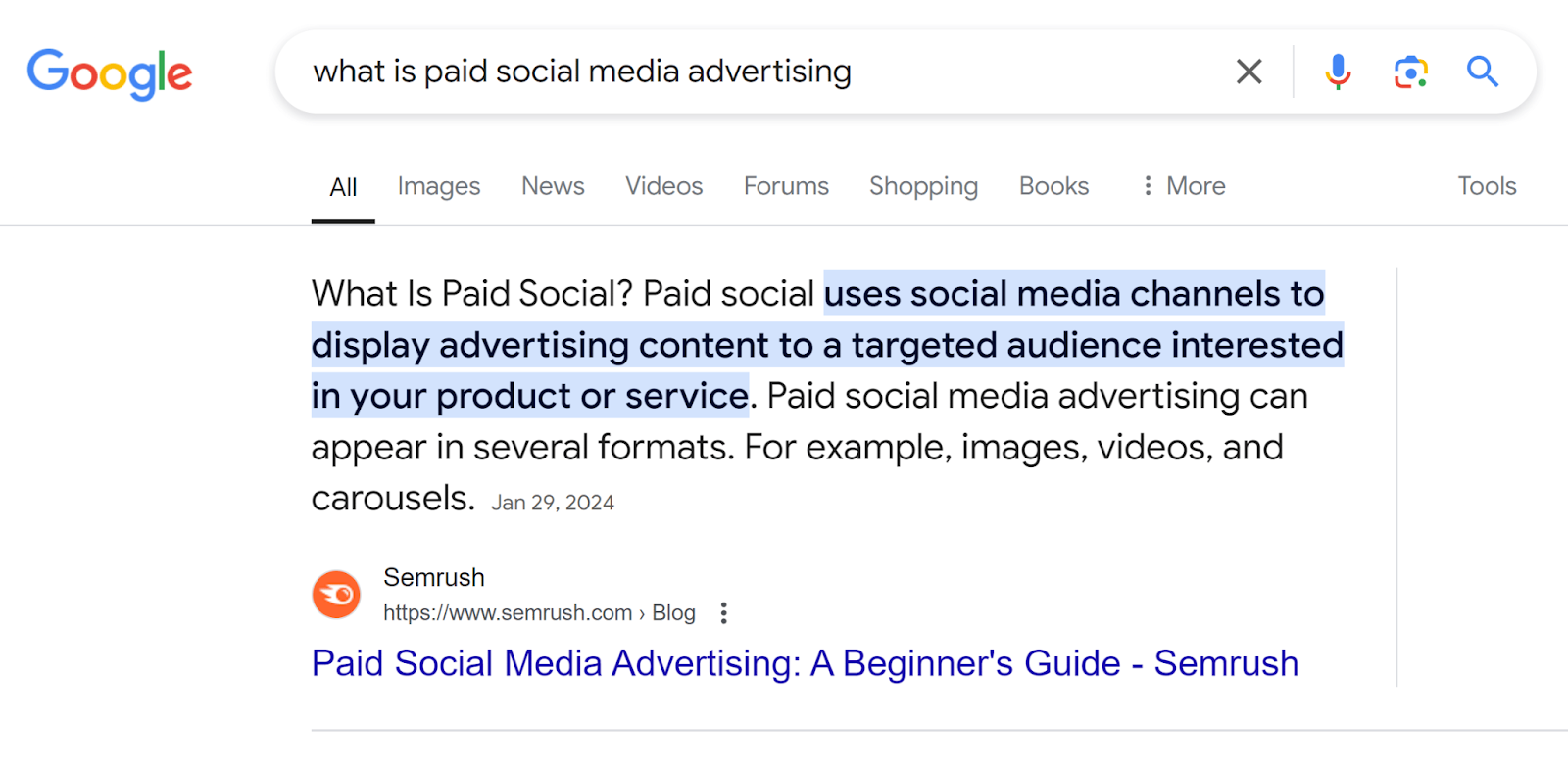 Google SERP for 'what is paid social media advertising' showing featured snippet captured by Semrush
