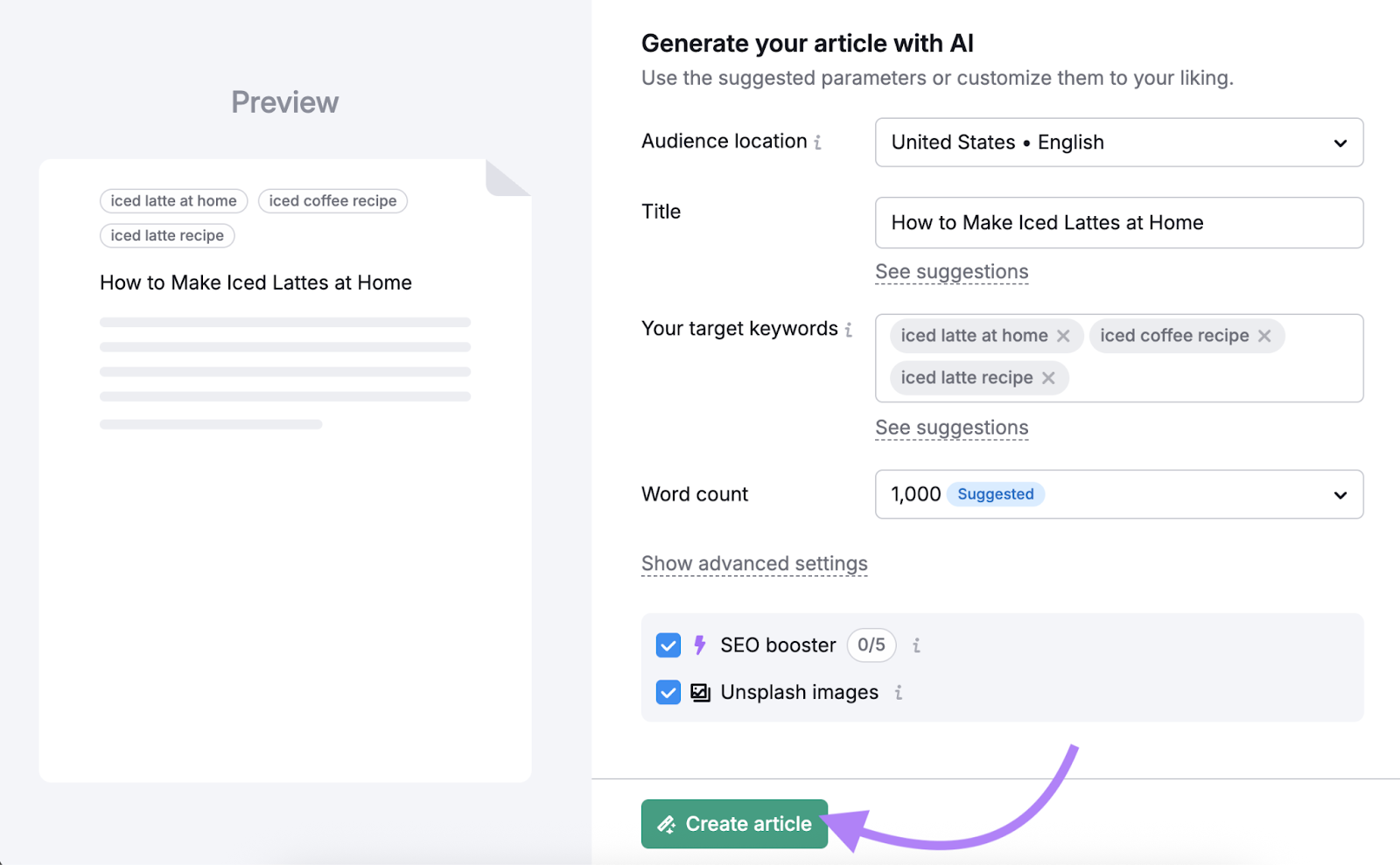 You can also choose to add an SEO boost and free Unsplash images.