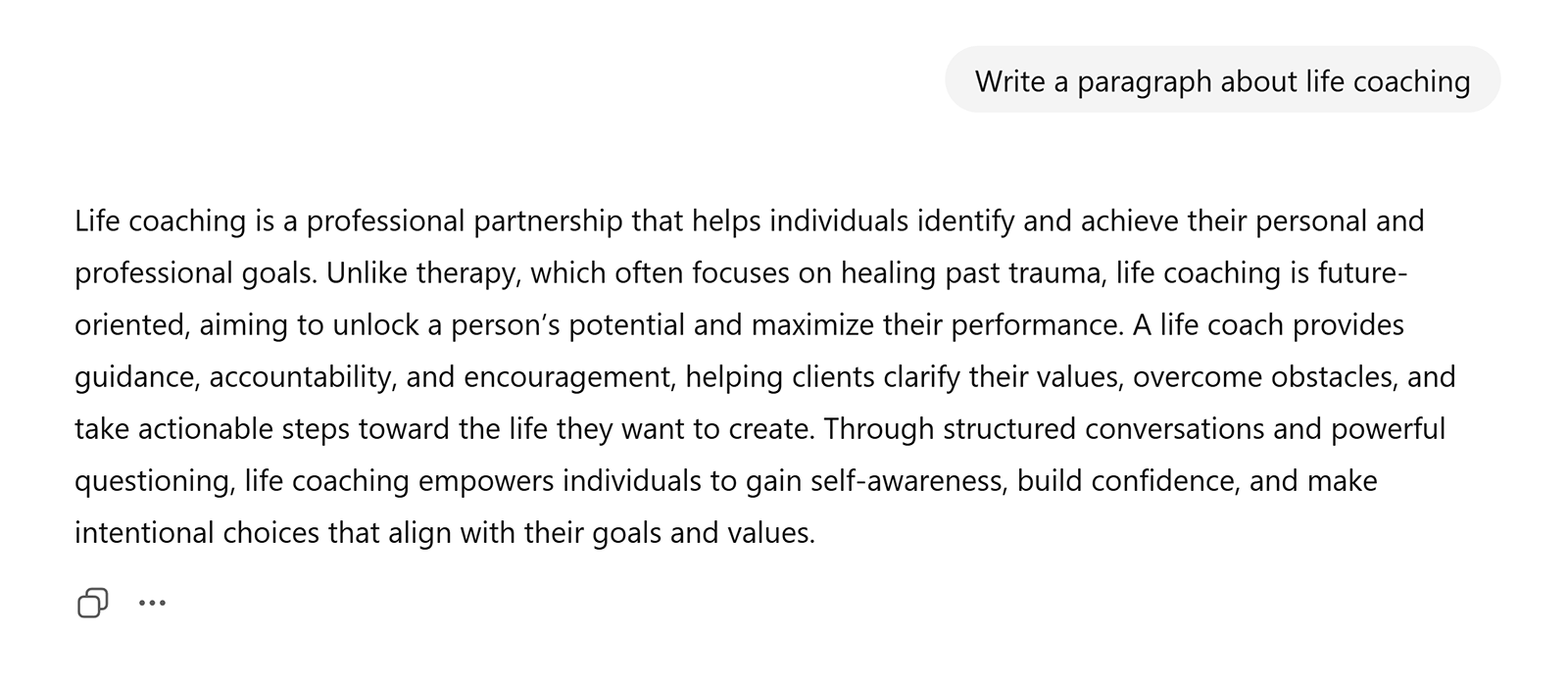 ChatGPT output of a life coaching paragraph explaining its benefits and purpose