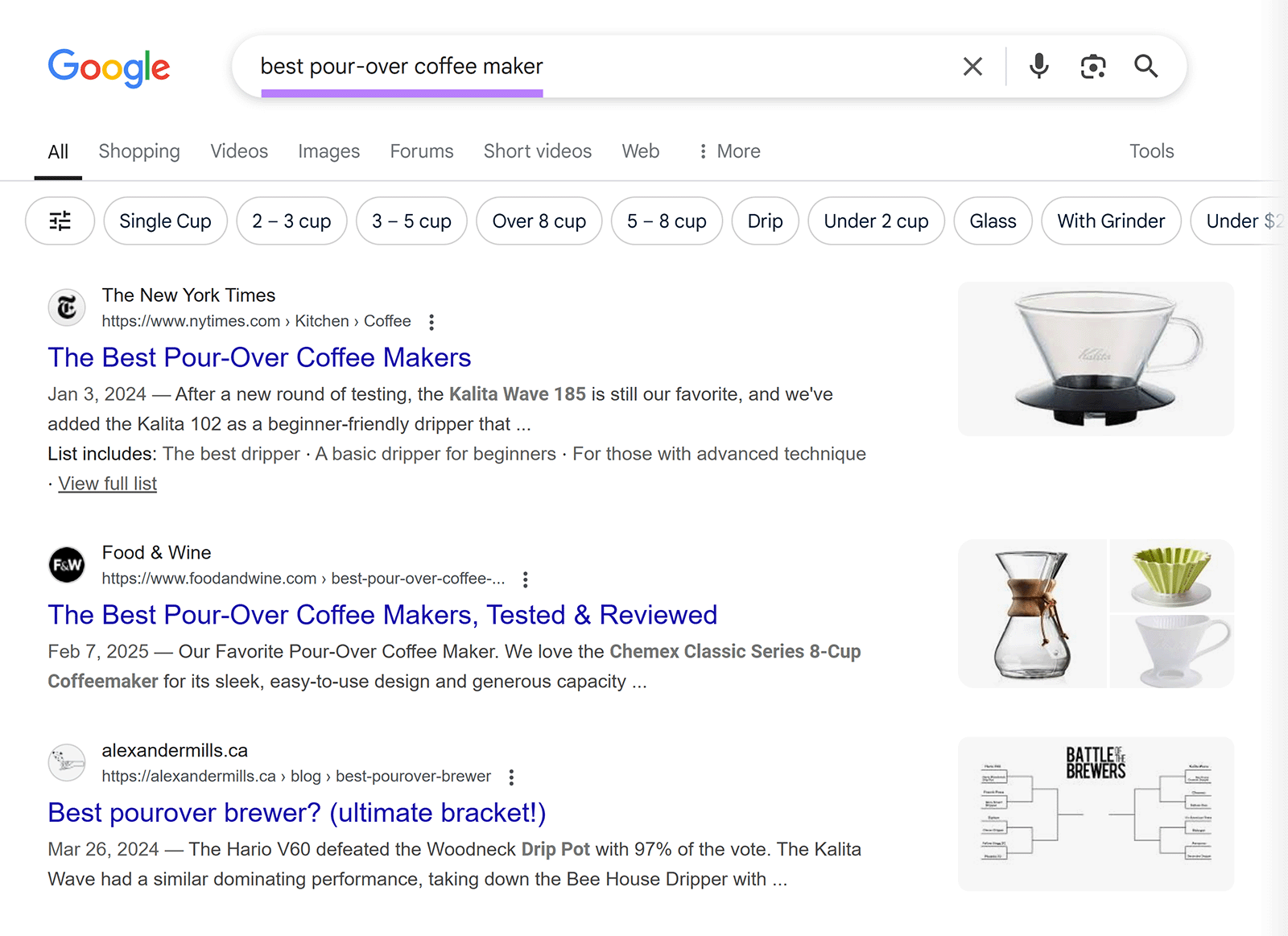 Google SERP for 'best pour over coffee maker' showing top three results which are comparison articles.