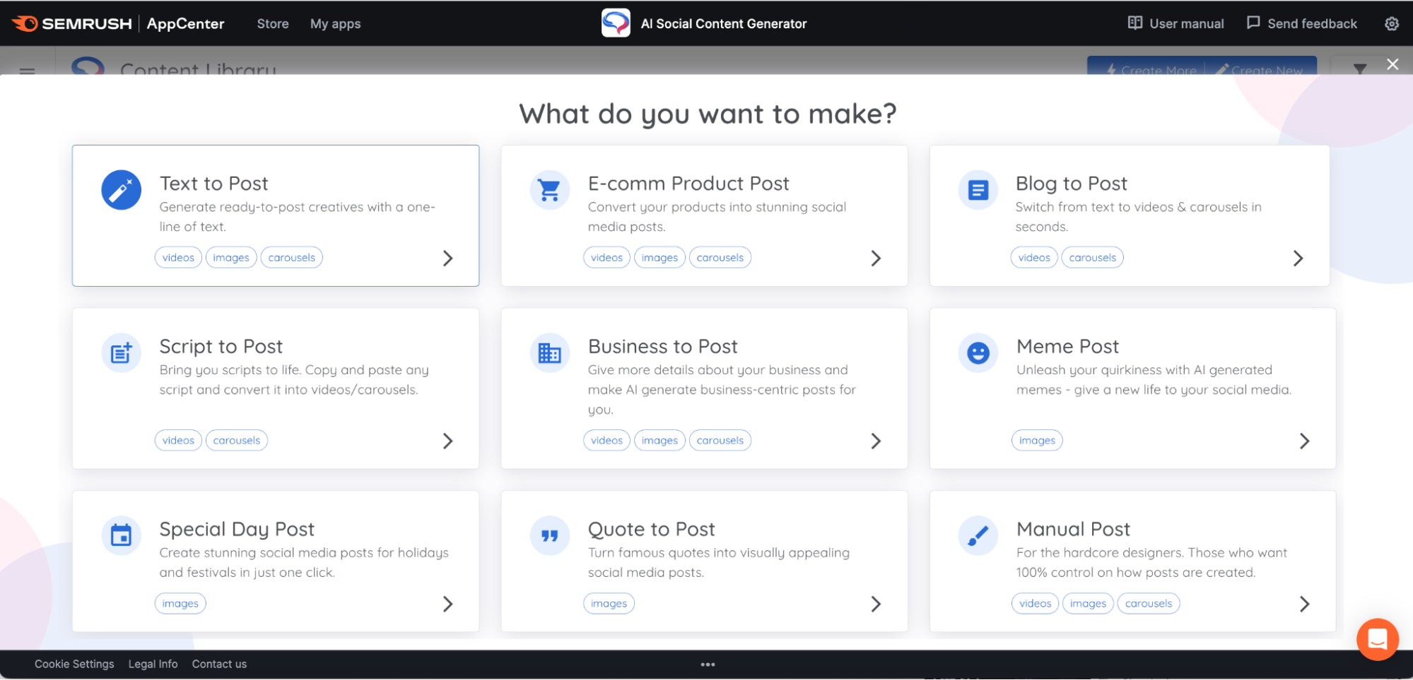 AI Social Content Generator provides several content creation options.
