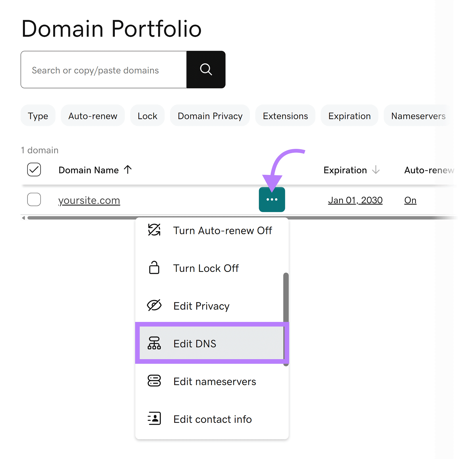 GoDaddy domain portfolio menu with the Edit DNS option selected for a domain.