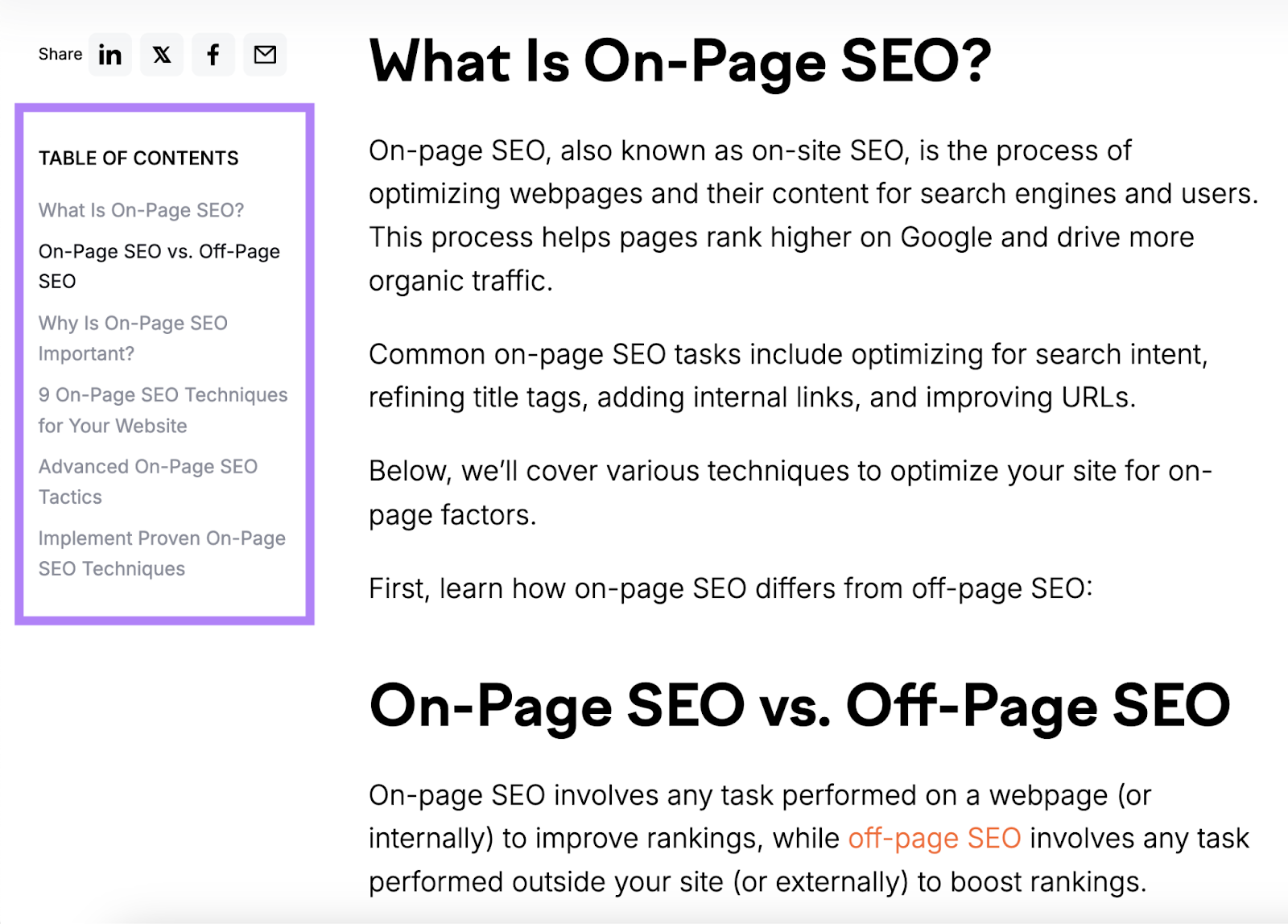 The table of contents for a blog post shows H2s and H3s that answer searchers' intent.