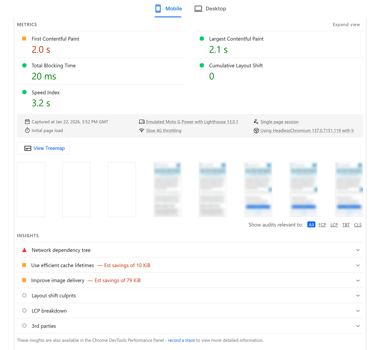 PageSpeed Insights report for mobile showing performance metrics like LCP, FCP, CLS, and optimization suggestions.