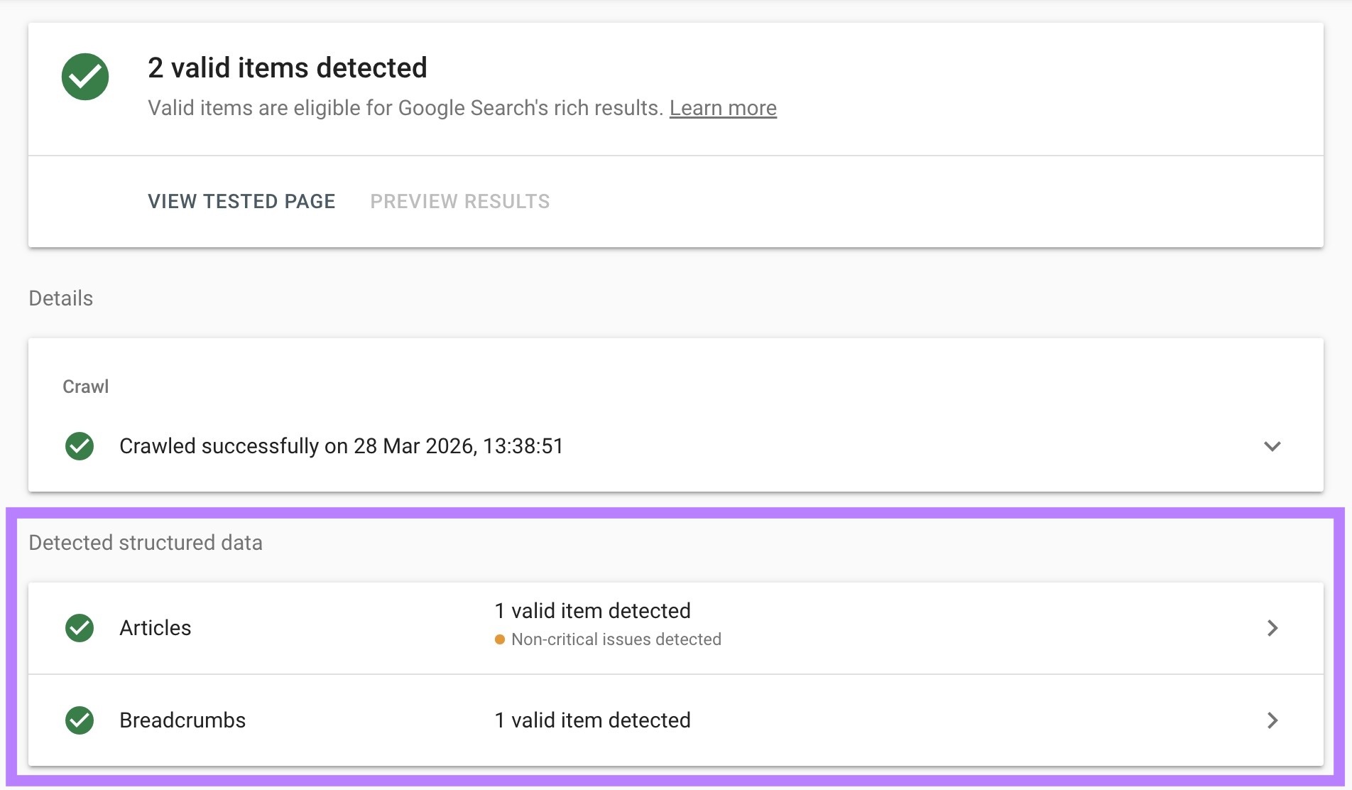 Rich Results Test showing which structured data types are detected for a page.