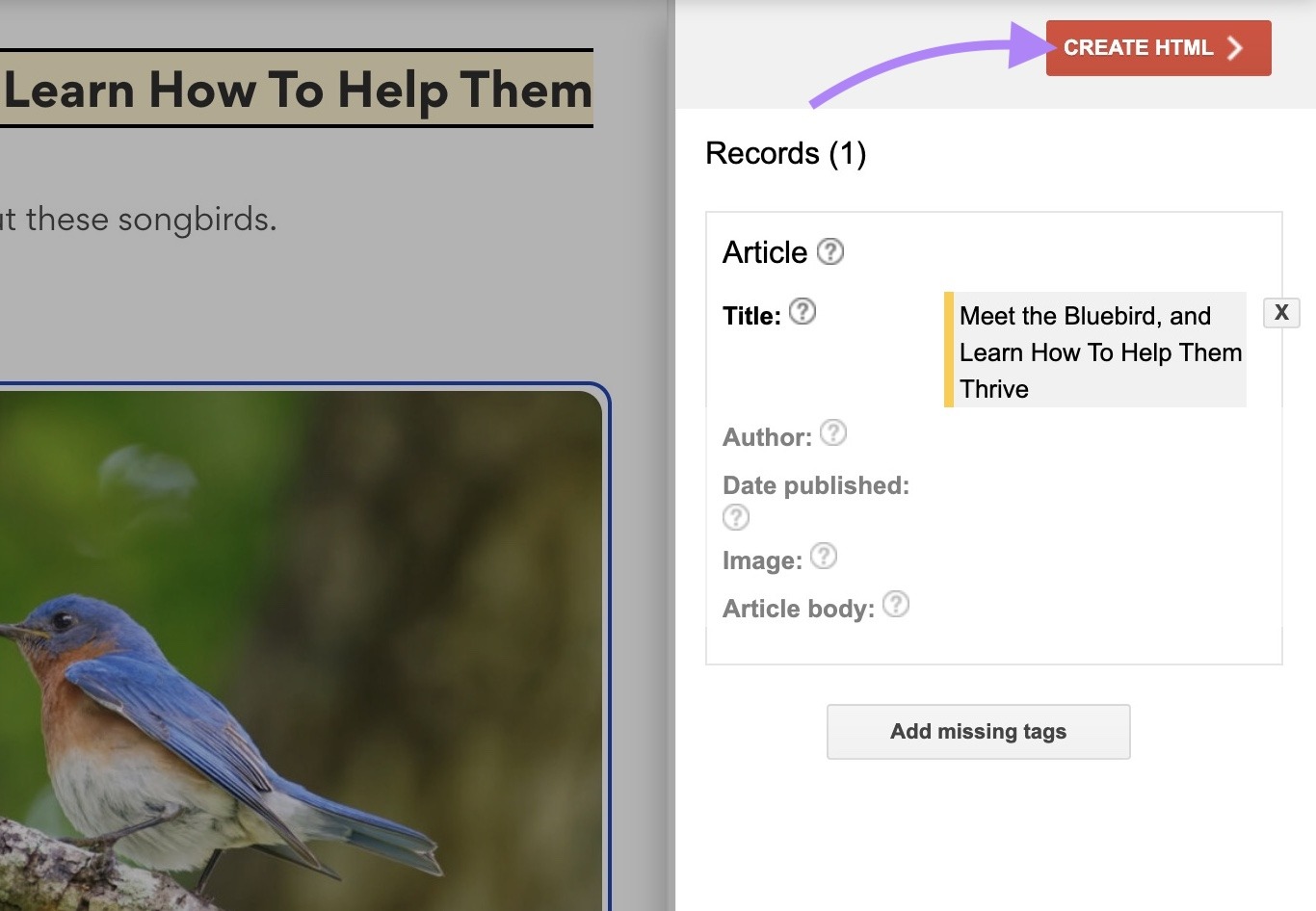 The "Create HTML" button clicked on the top right of the Structured Data Markup Helper.