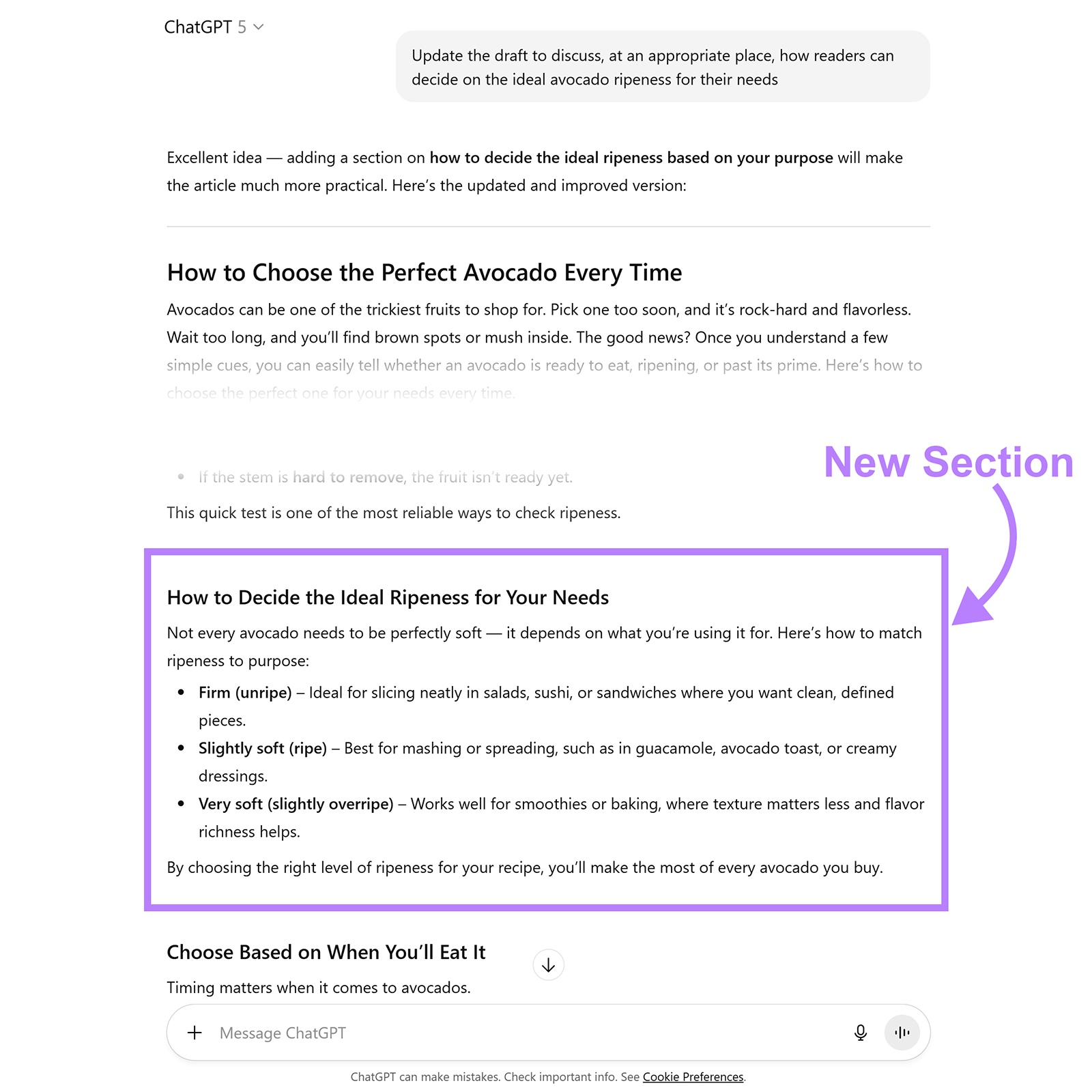 ChatGPT article view highlighting a newly added section on deciding avocado ripeness with a labeled arrow.