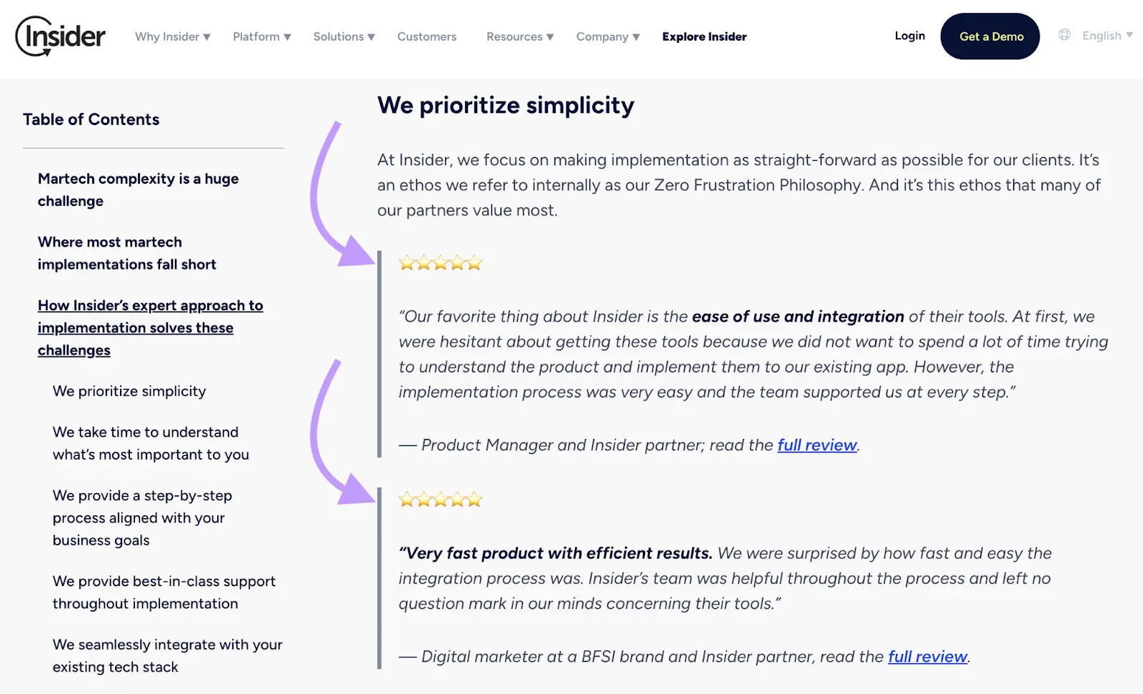 A page on Insider which includes five-star reviews in its content as social proof.