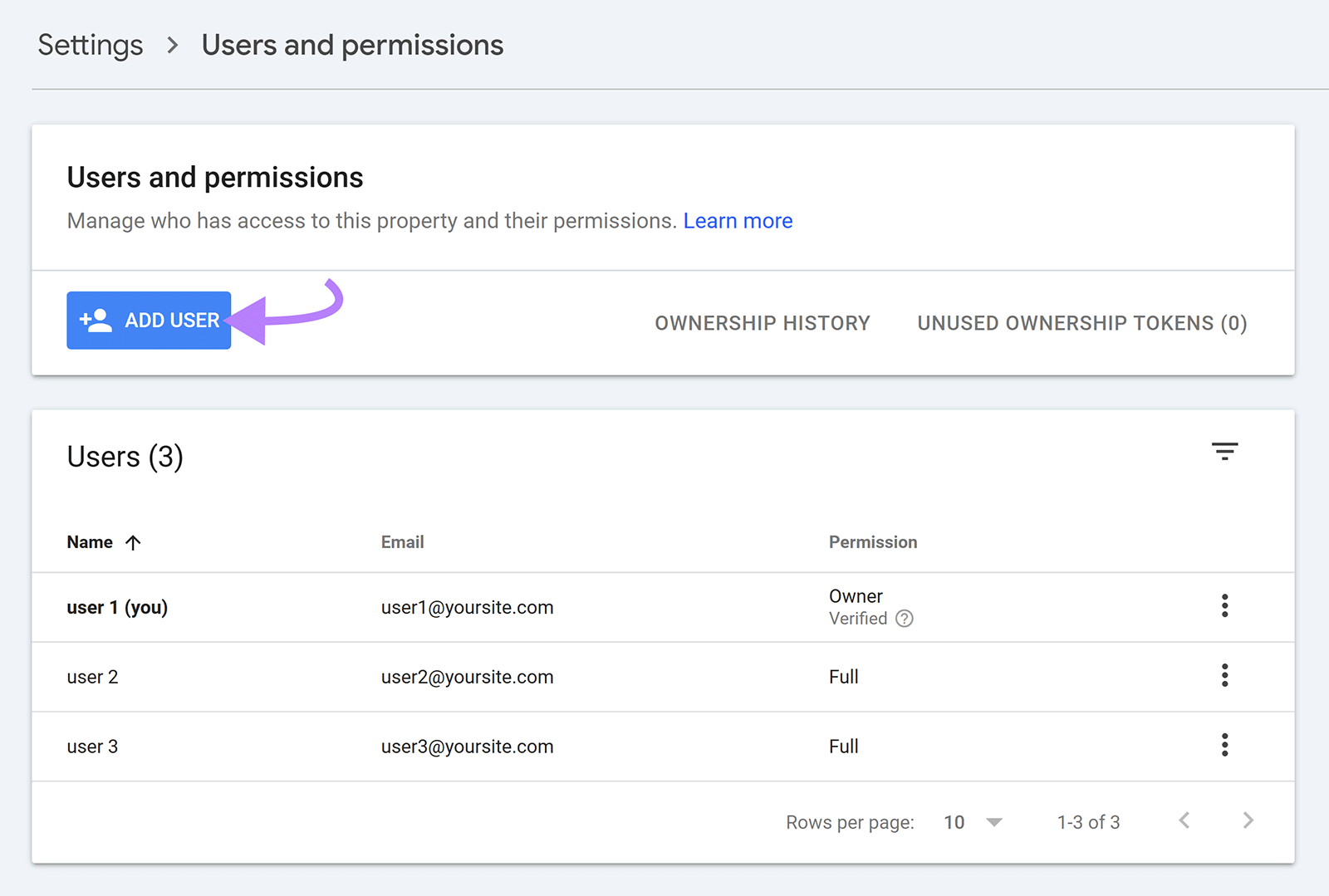 Google Search Console Users and permissions page with the Add User button highlighted.