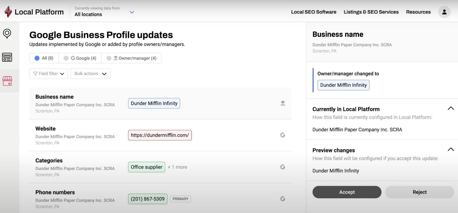 "Google Business Profile updates" window on Whitespark showing all the updates that have been made to a listing.