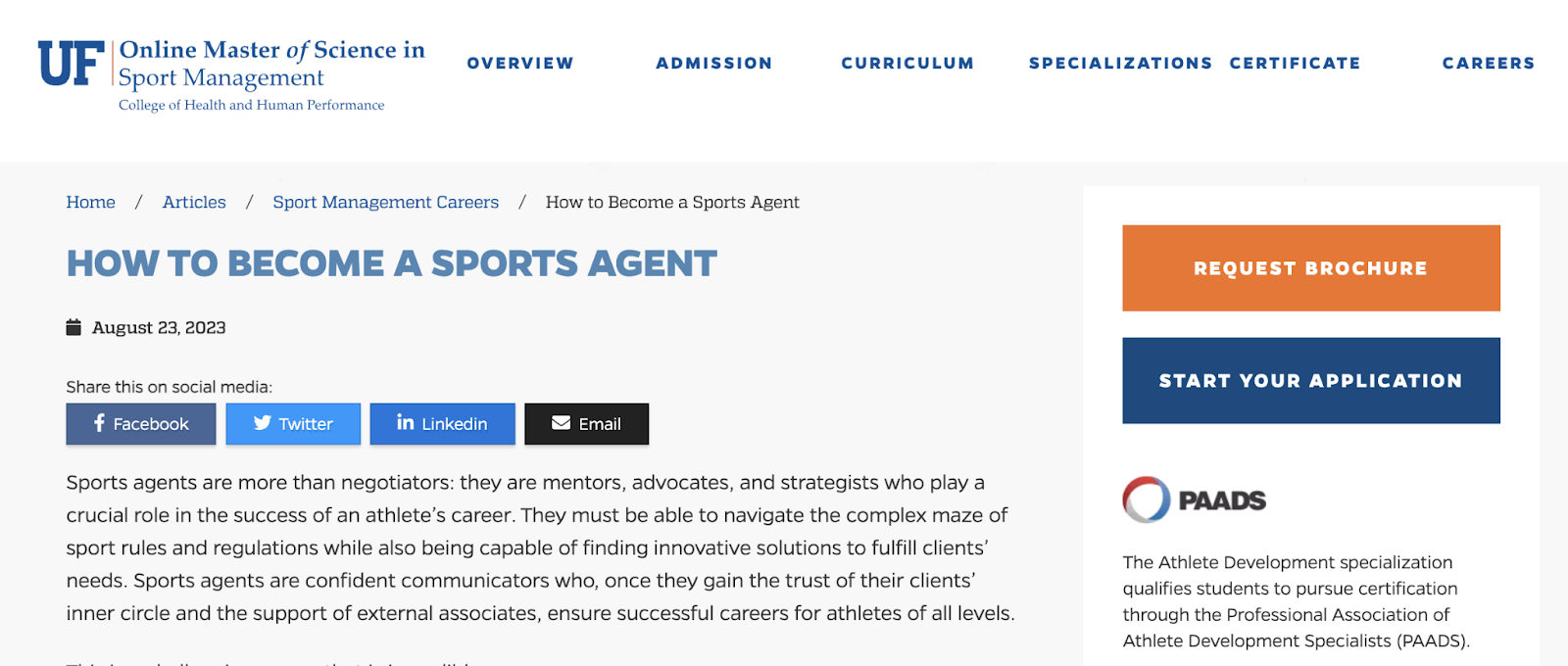 Blog post includes CTA to request a brochure for their sports management program.