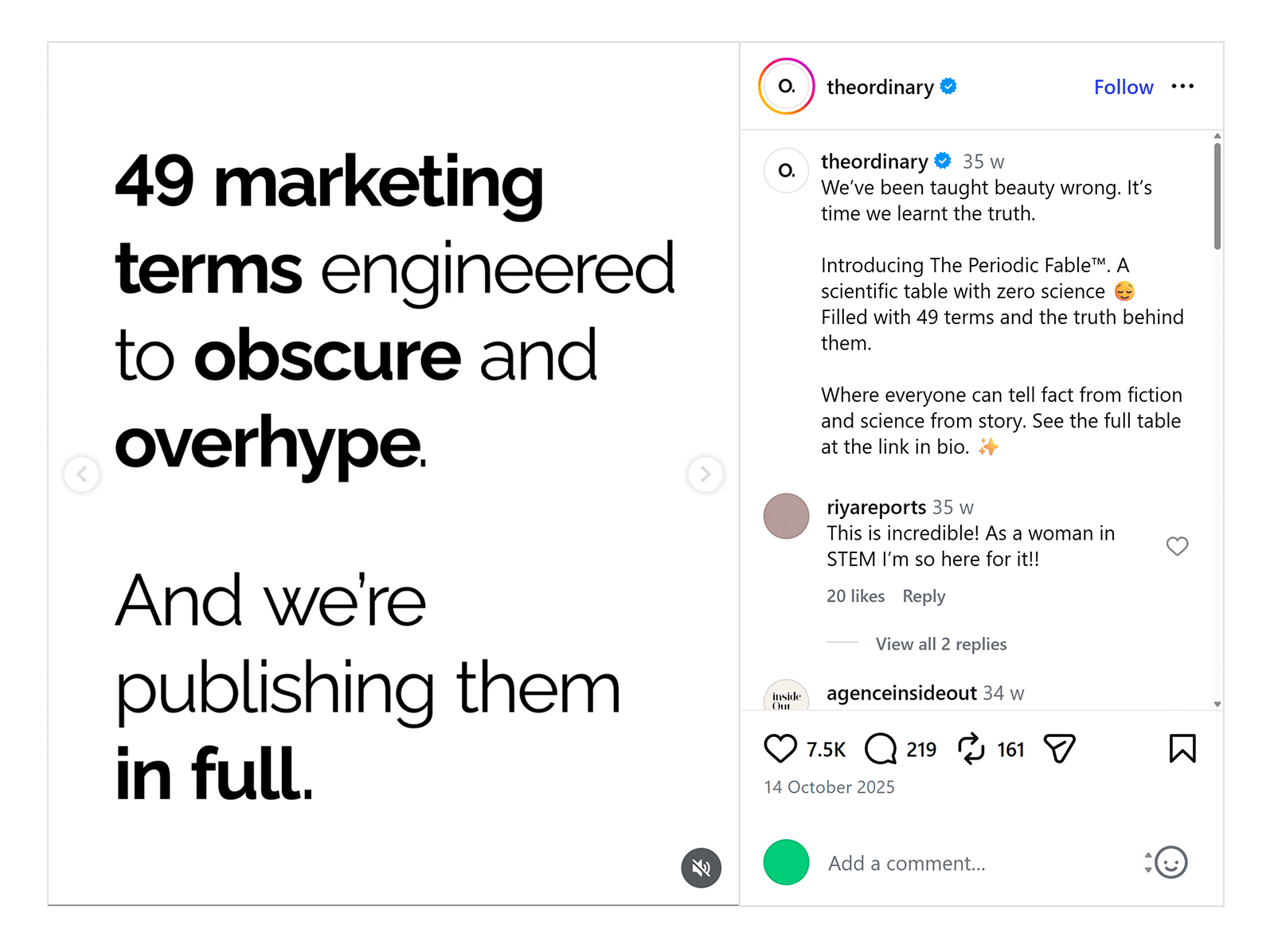 Instagram carousel post promoting The Ordinary's myth-busting marketing campaign