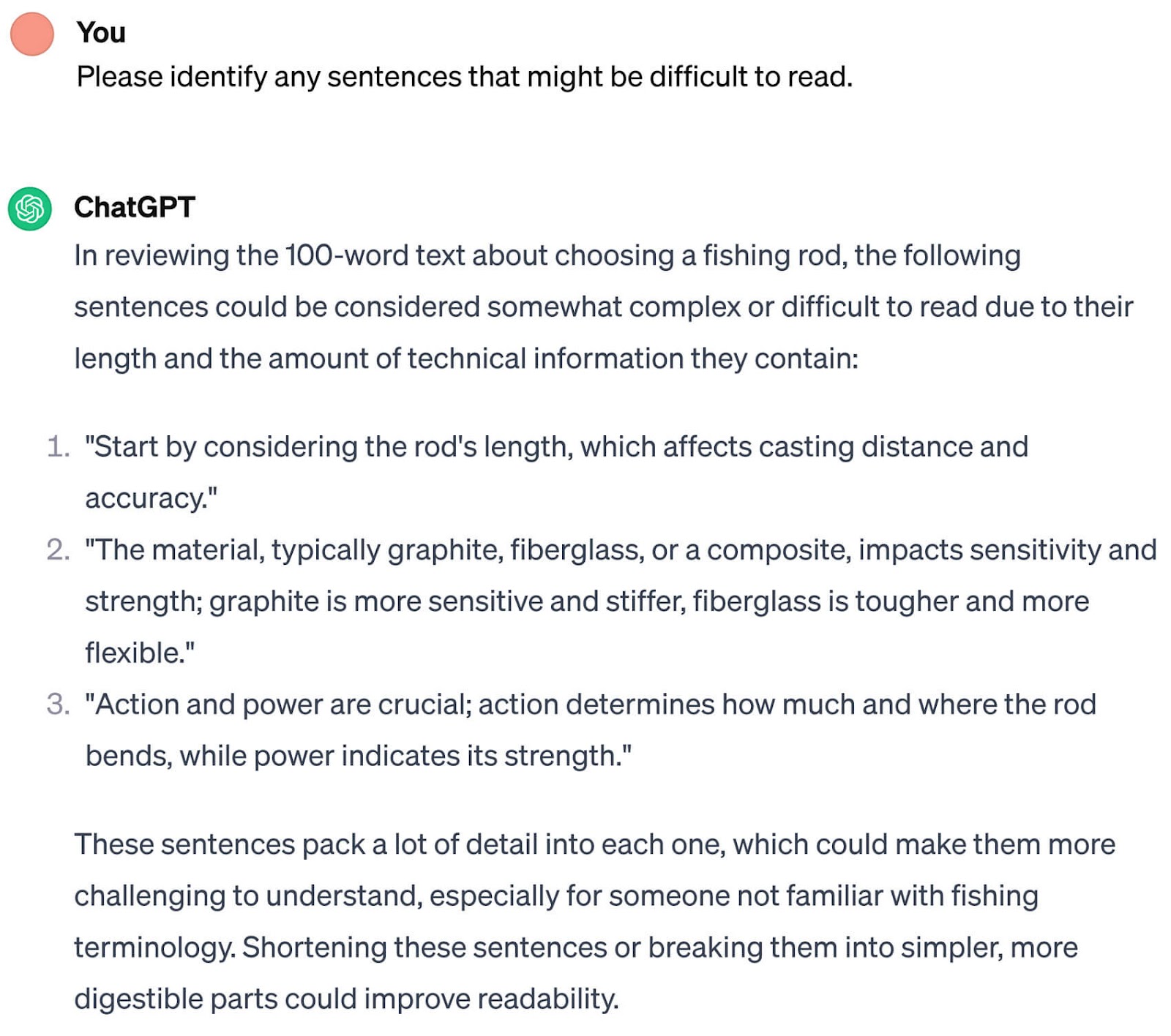 An example of a prompt asking ChatGPT to identify any sentences that might be difficult to read