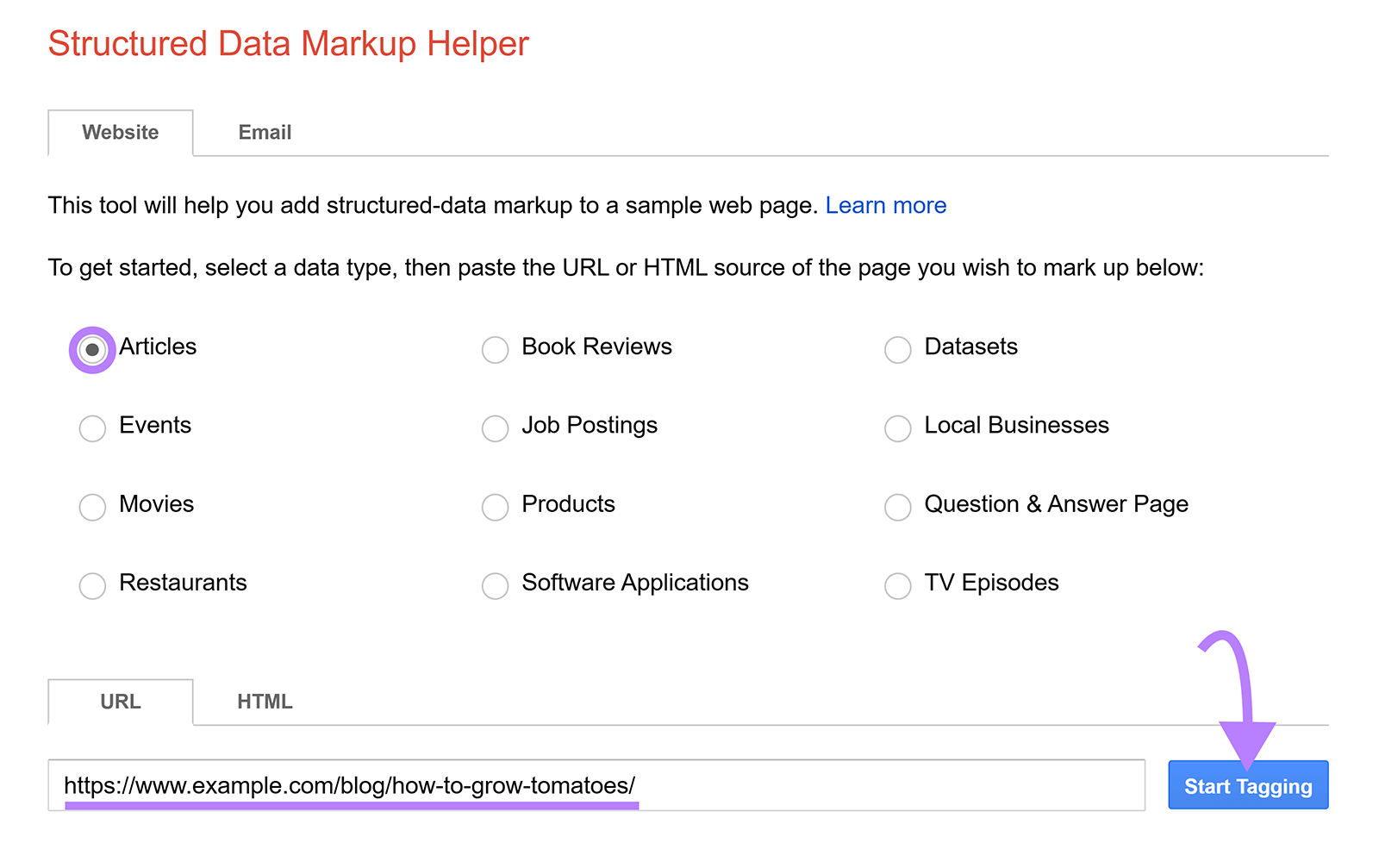 Google Structured Data Markup Helper with Articles selected and a sample blog URL ready for tagging