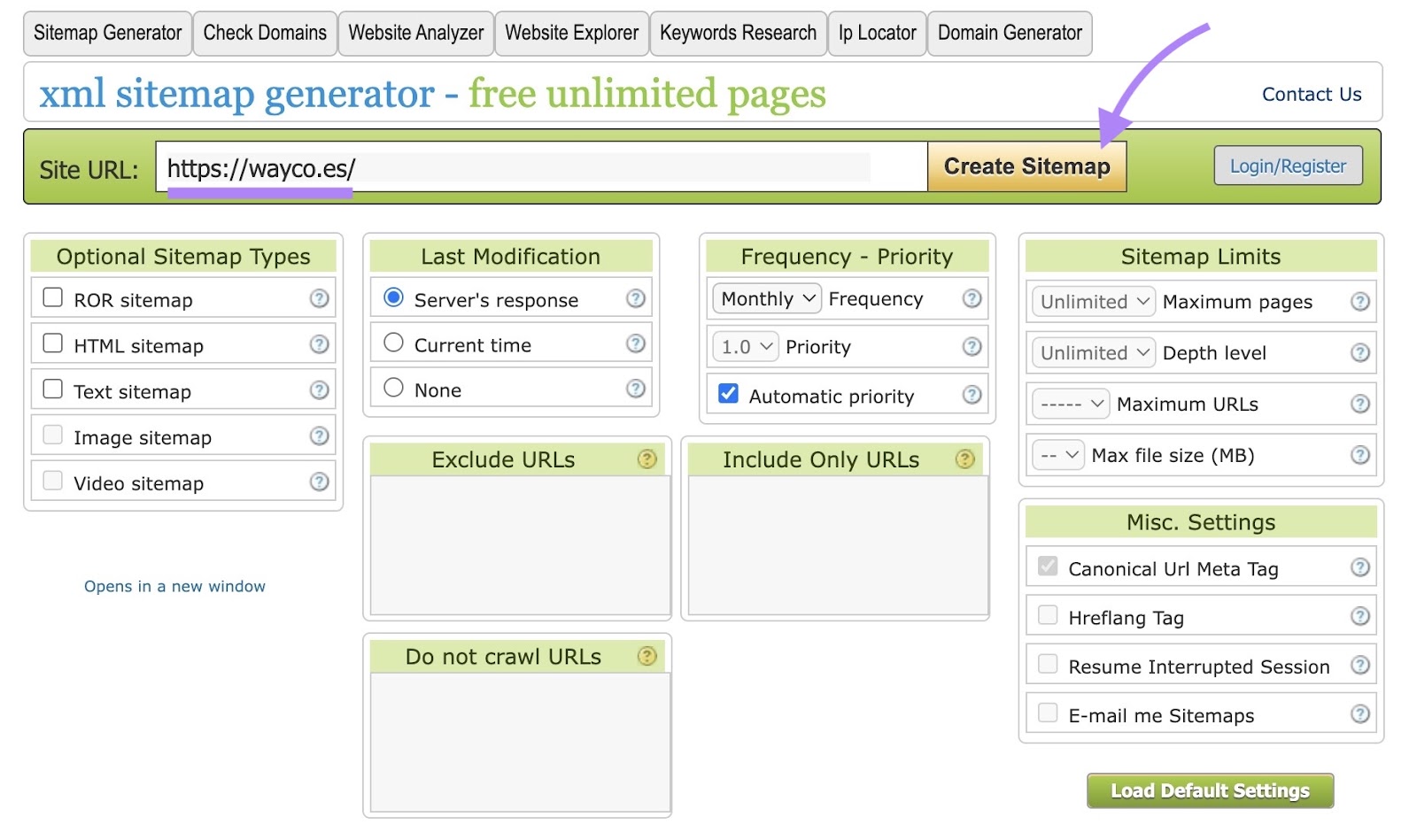 xml sitemap generator on CheckDomains with a domain entered and "Create Sitemap" clicked.