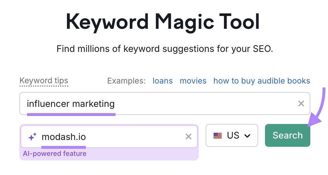 Keyword Magic Tool start with "influencer marketing" entered as the term, "modash.io" as the domain, and "Search" clicked.