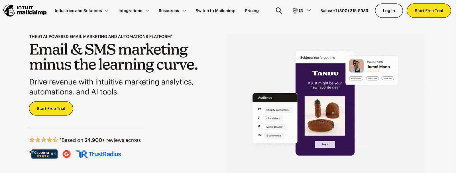Mailchimp homepage promoting AI-powered email and SMS marketing tools for businesses