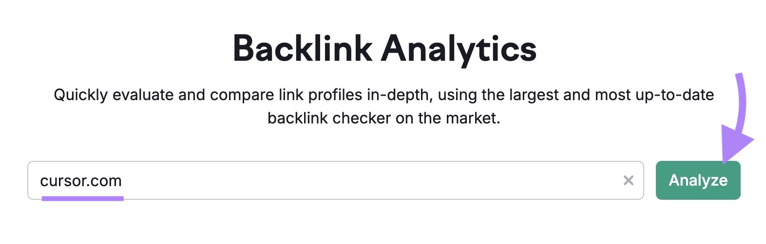 Backlink Analytics with a domain entered and "Analyze" clicked.