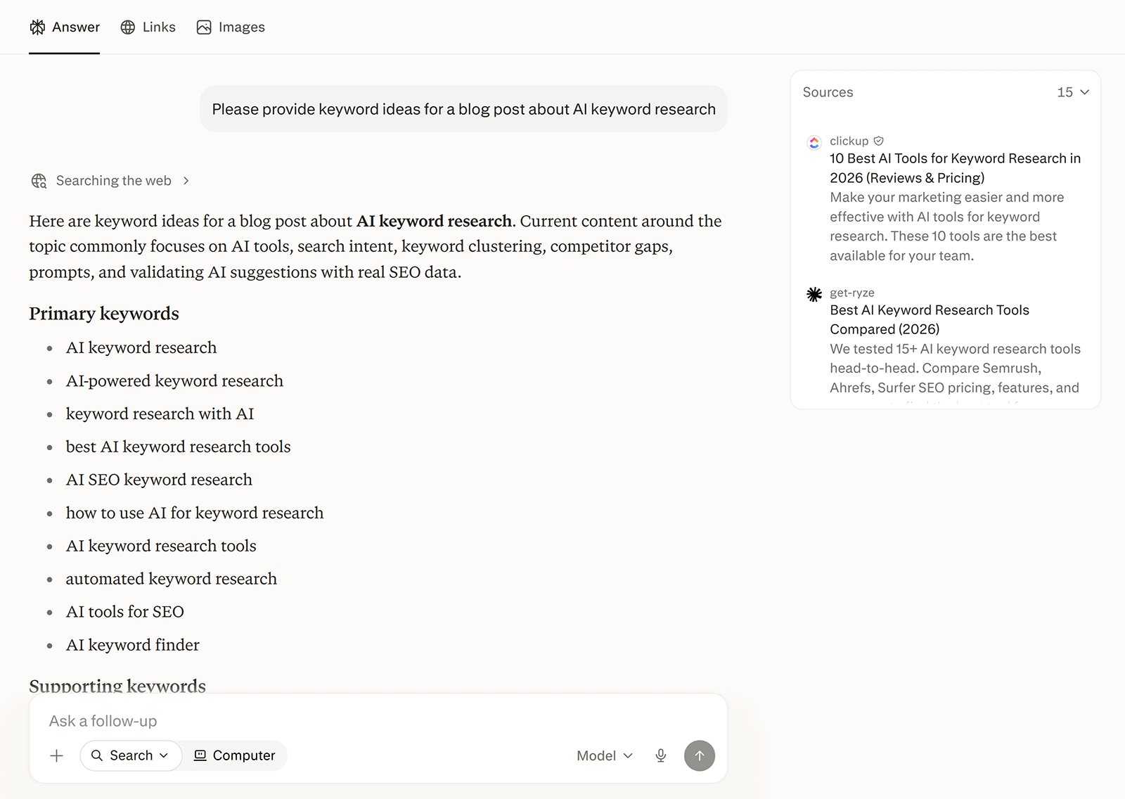 Perplexity suggesting primary AI keyword research terms based on current web search results