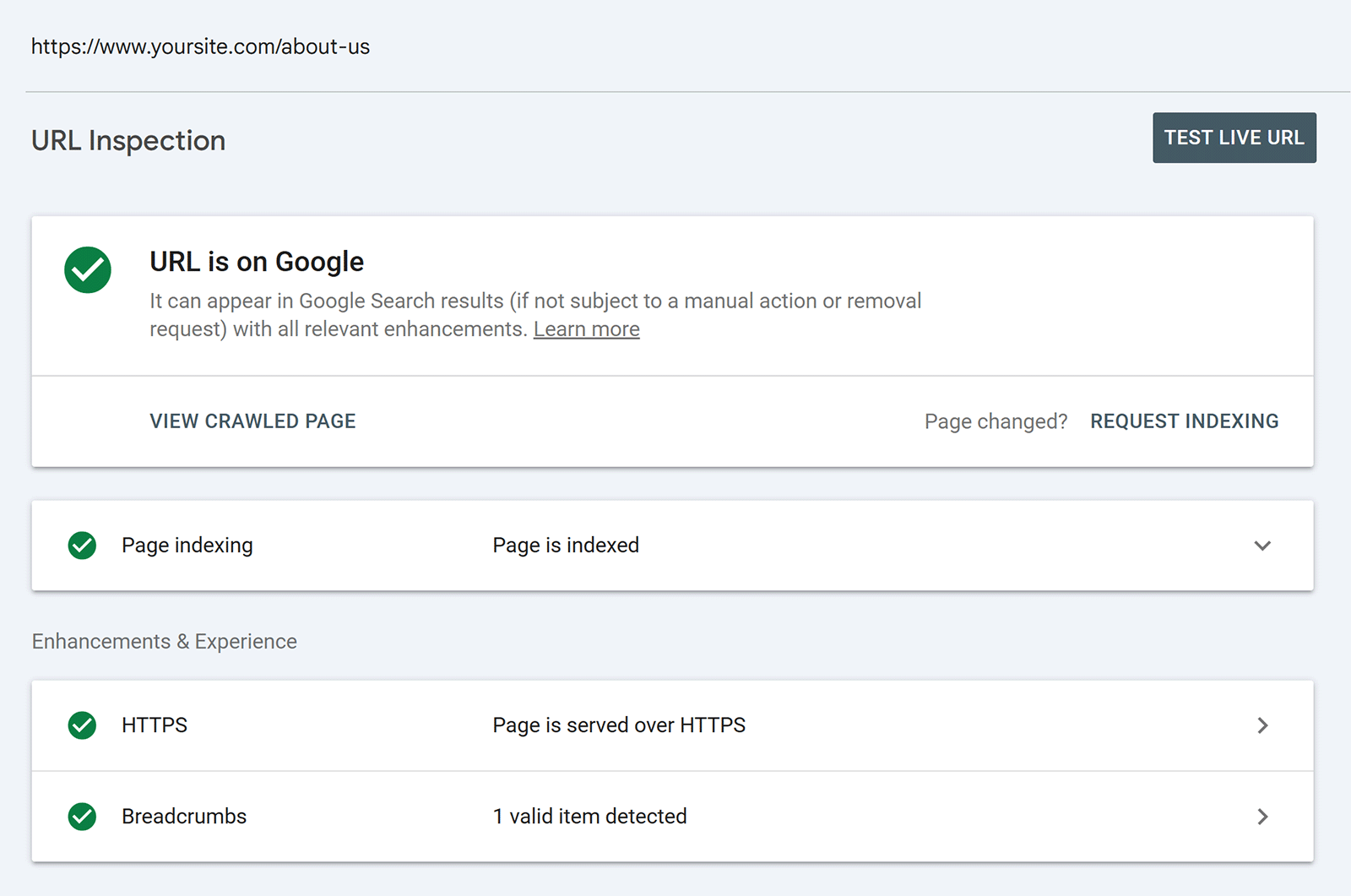 Google Search Console URL Inspection showing the page indexed and available on Google.