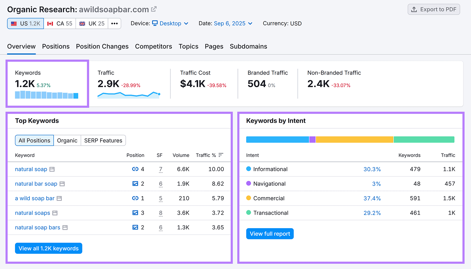 Overview showing 1.2K keywords, traffic data, top keywords list, and keywords by intent chart highlighted.