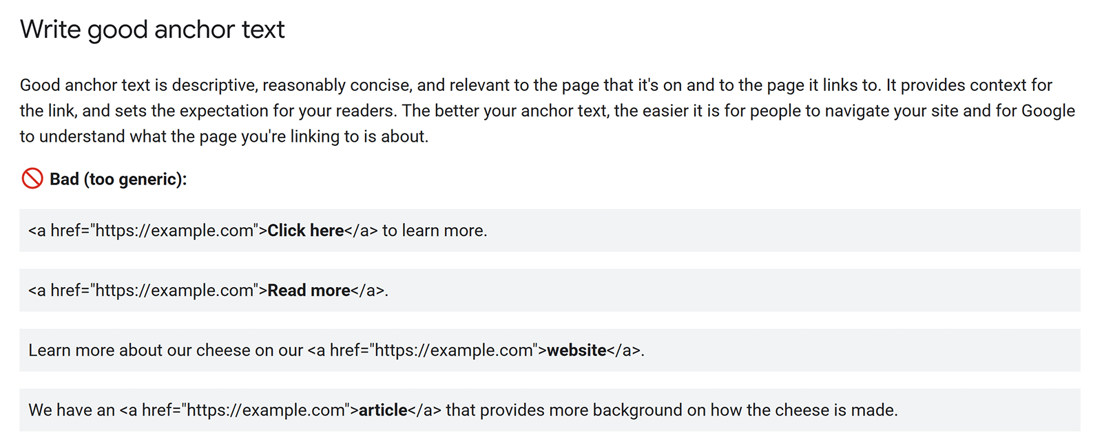 Example of good and bad anchor text showing why generic phrases like “Click here” are not SEO-friendly.