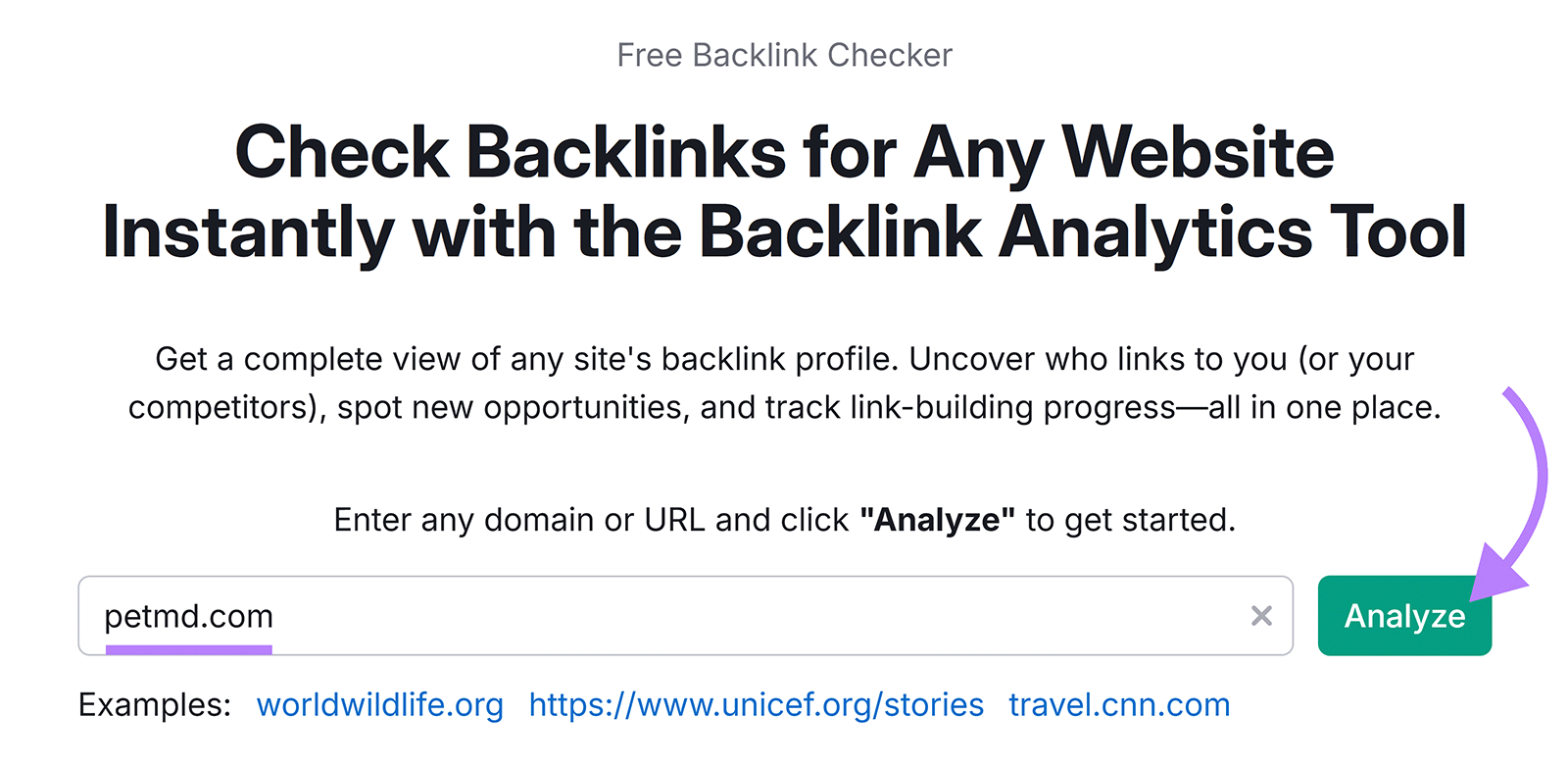 Backlink Analytics start with a domain entered and an arrow pointing to the Analyze button.