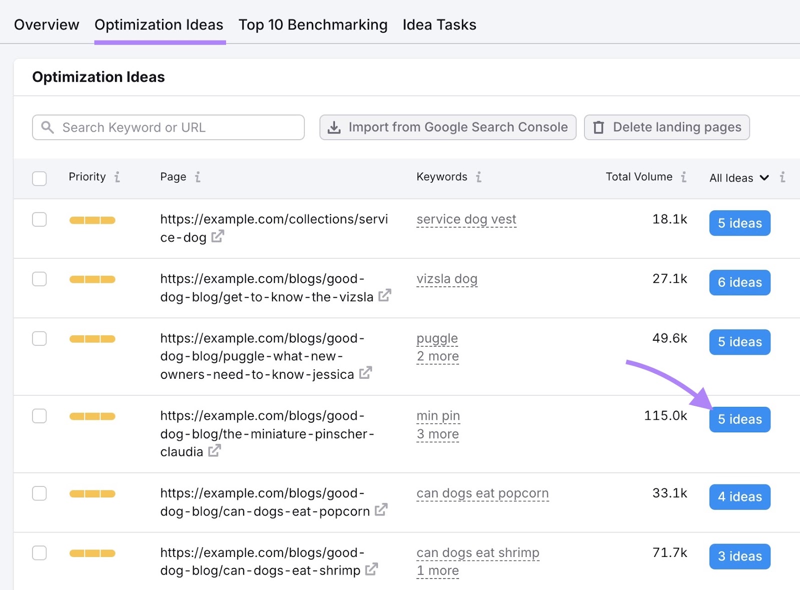 Optimization Ideas on On Page SEO Checker with the ideas number next to a page clicked.