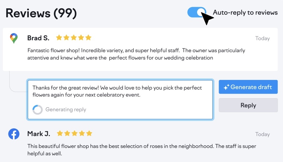 Review Management tool generating a response to a Google review using AI.