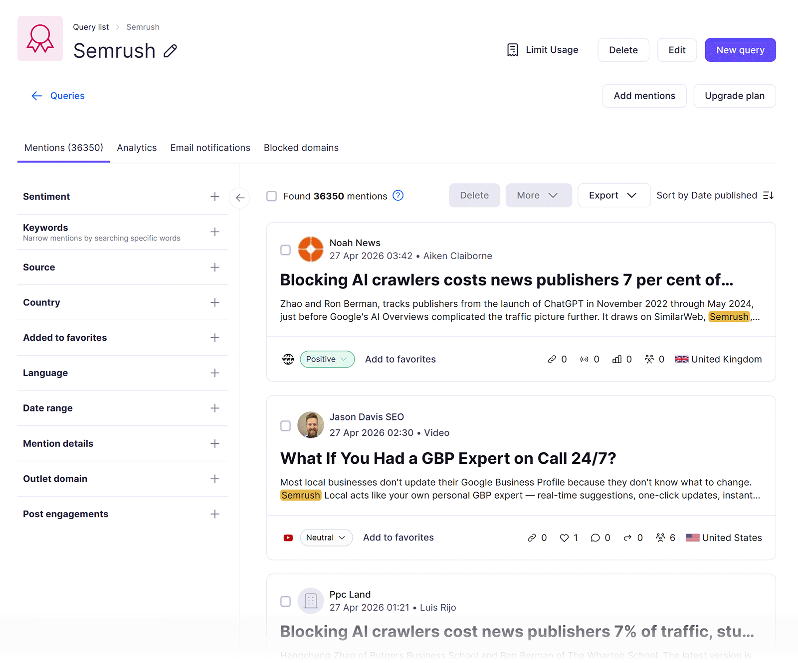 Brand Monitoring Mentions dashboard tracking Semrush mentions across news and social sources with sentiment and publication details
