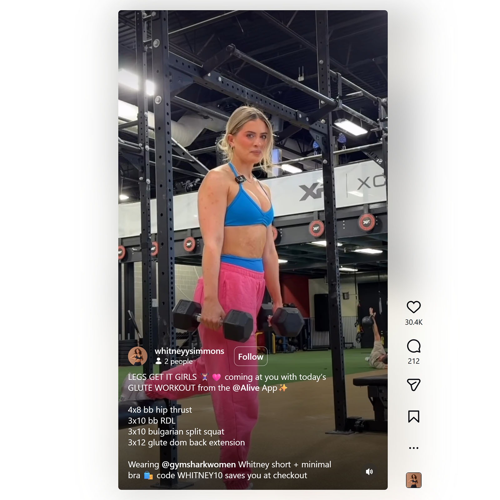 Fitness influencer holding dumbbells during glute workout reel with exercise list and promo code overlay.
