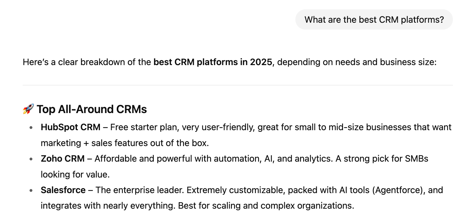 A ChatGPT result showing top CRM platforms in 2025 and describing why they’re the best