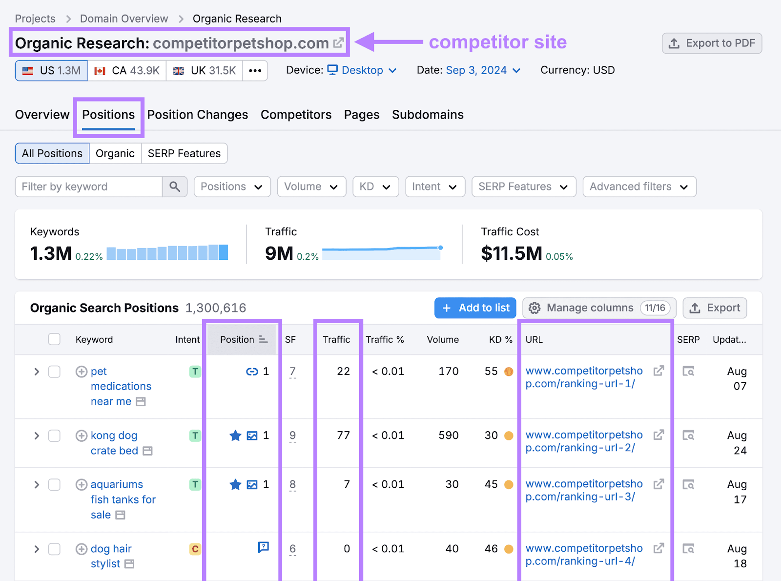 Organic Rankings's Positions report that shows a competitor site's top-ranking keywords