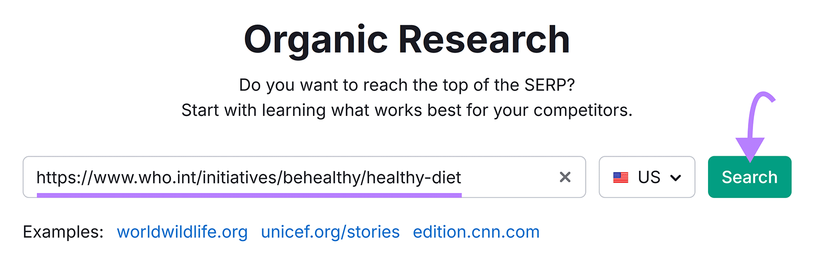 Organic Research start with a WHO URL entered, the link underlined, and an arrow pointing to the Search button