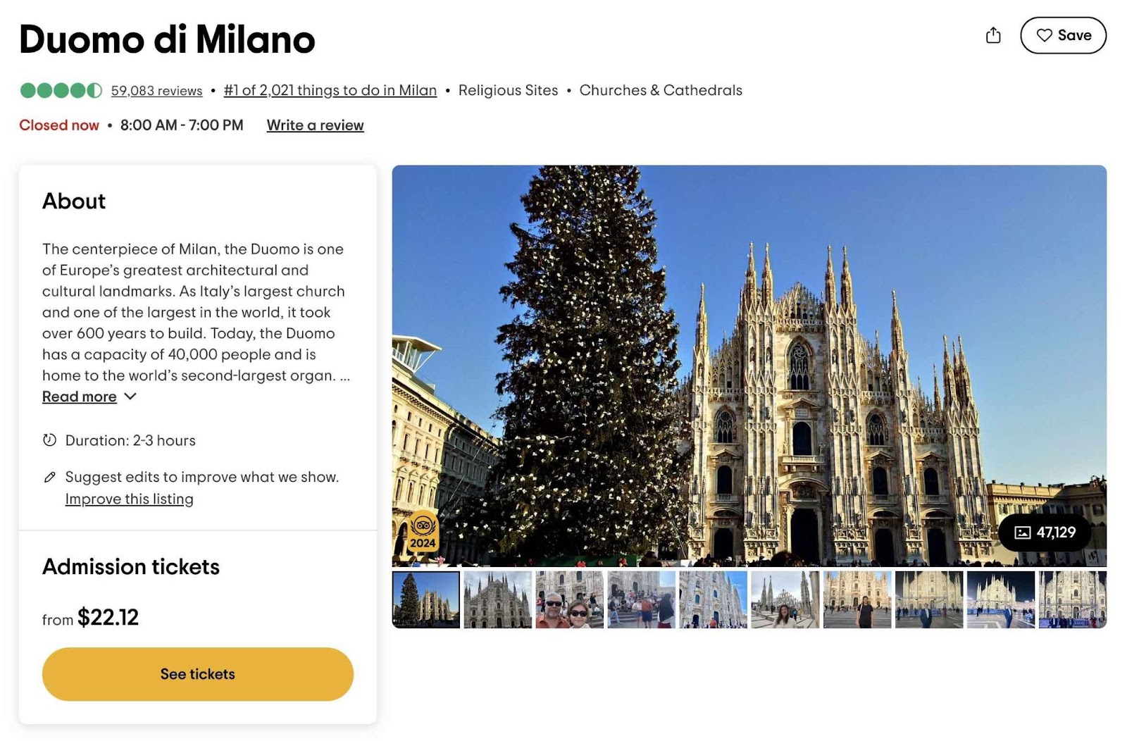 A programmatically generated page on Tripadvisor showing details about an attraction and a link to book tickets.