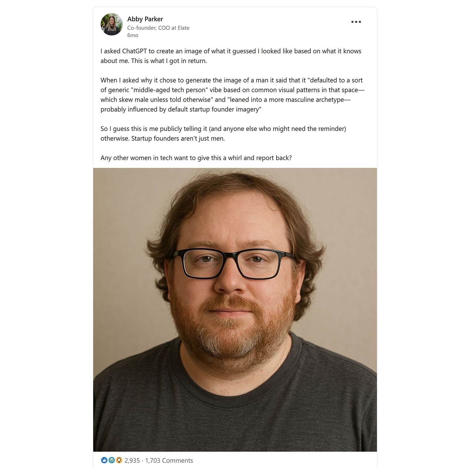 LinkedIn post showing a user’s prompt about generating their likeness, with an AI-generated portrait of a bearded person wearing glasses.