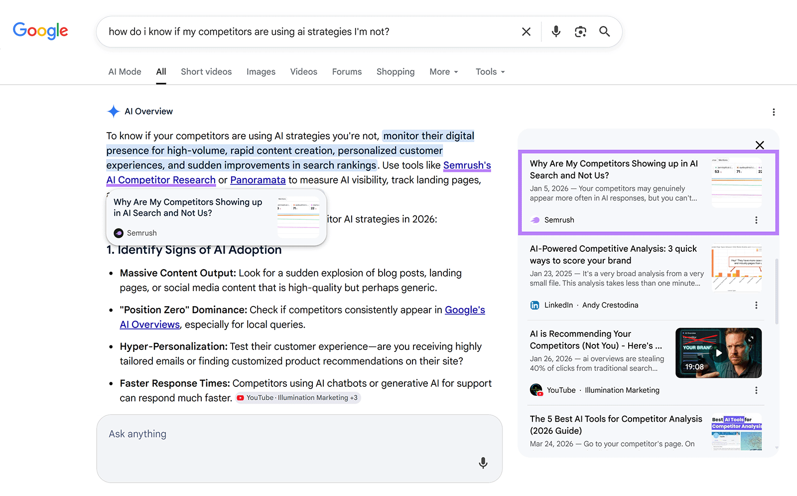 Google AI Overview highlighting Semrush content about competitors using AI strategies and AI search visibility