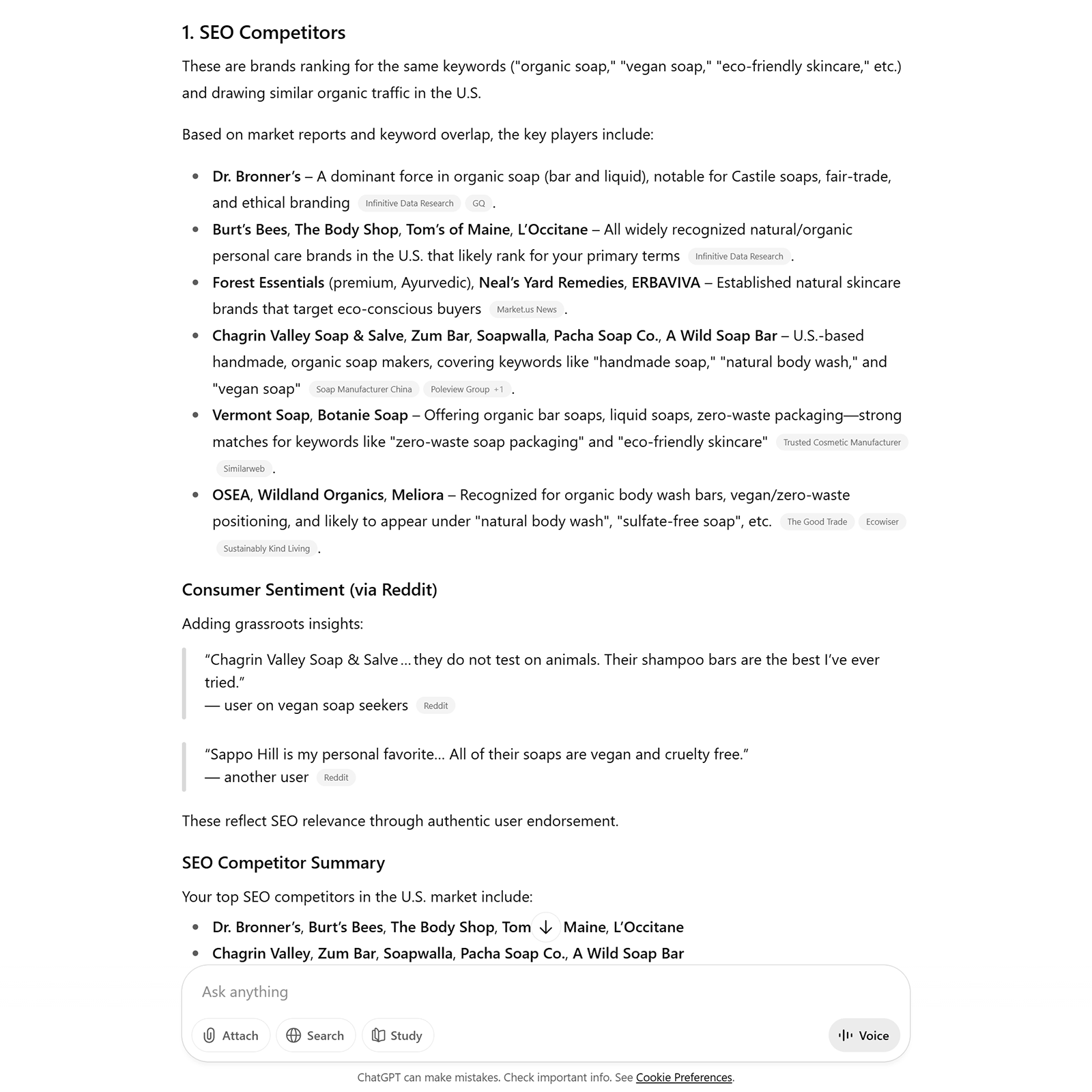 ChatGPT reply listing SEO competitors with highlighted brand names and consumer sentiment quotes from Reddit.
