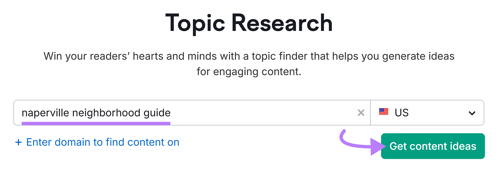Topic Research tool search bar for finding content ideas for Naperville neighborhood guide