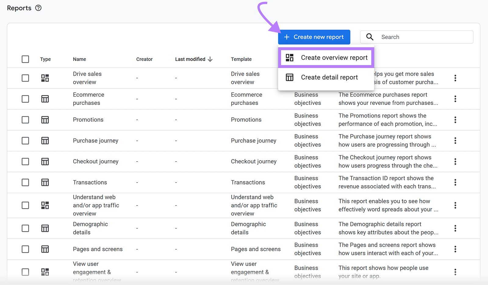 Reports section with arrow pointing to Create new report button and Create overview report in dropdown highlighted