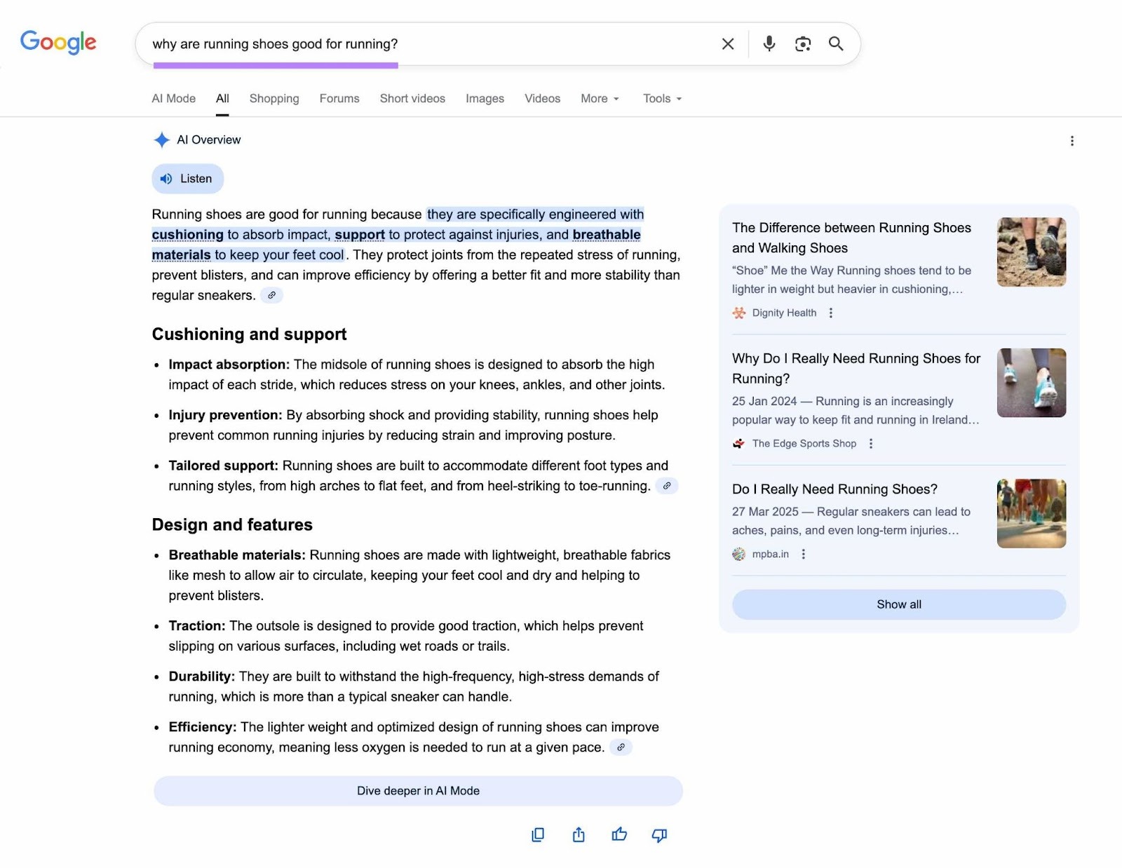 Google SERP for the term "why are running shoes good for running?" triggering an AI Overview.