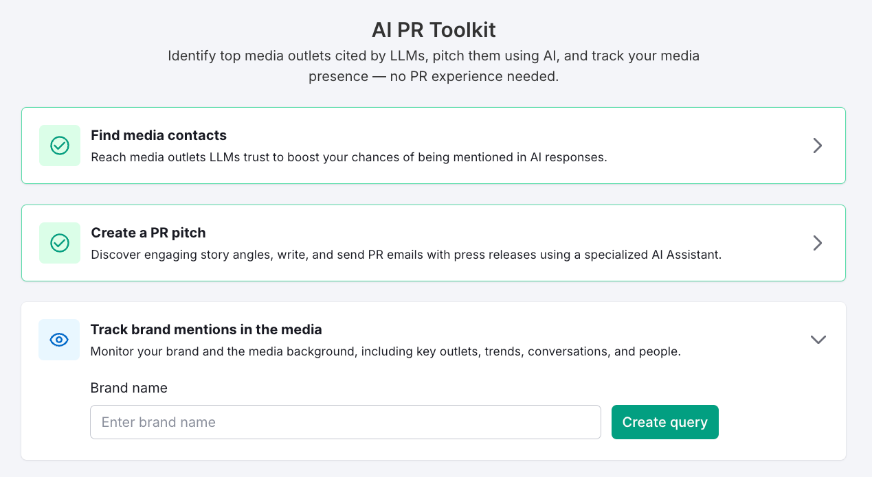 A screenshot of the AI PR Toolkit main menu checklist to be completed by a first-time user
