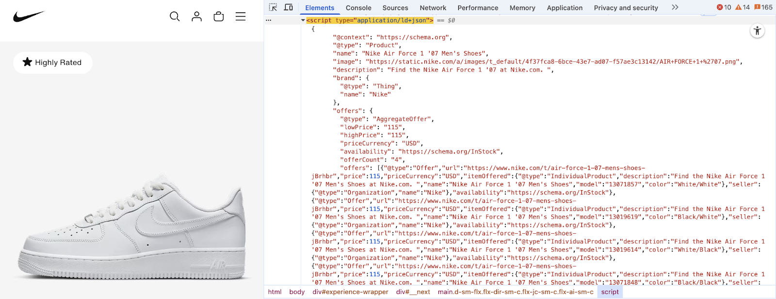 A product page's code includes the product name, product type, description, and more.