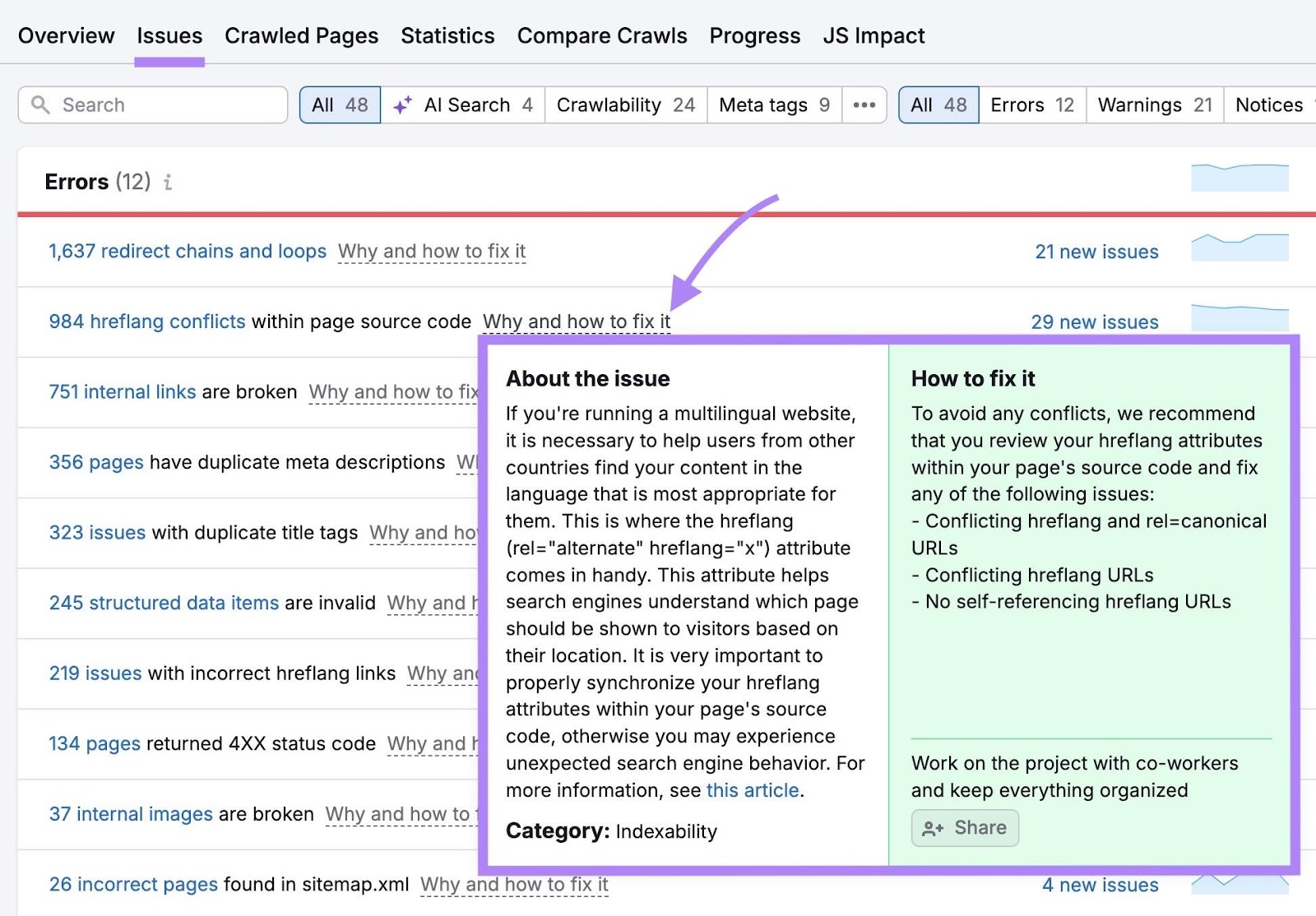 Site Audit Issues report with "Why and how to fix it" next to an issue clicked revealing more information about the error.