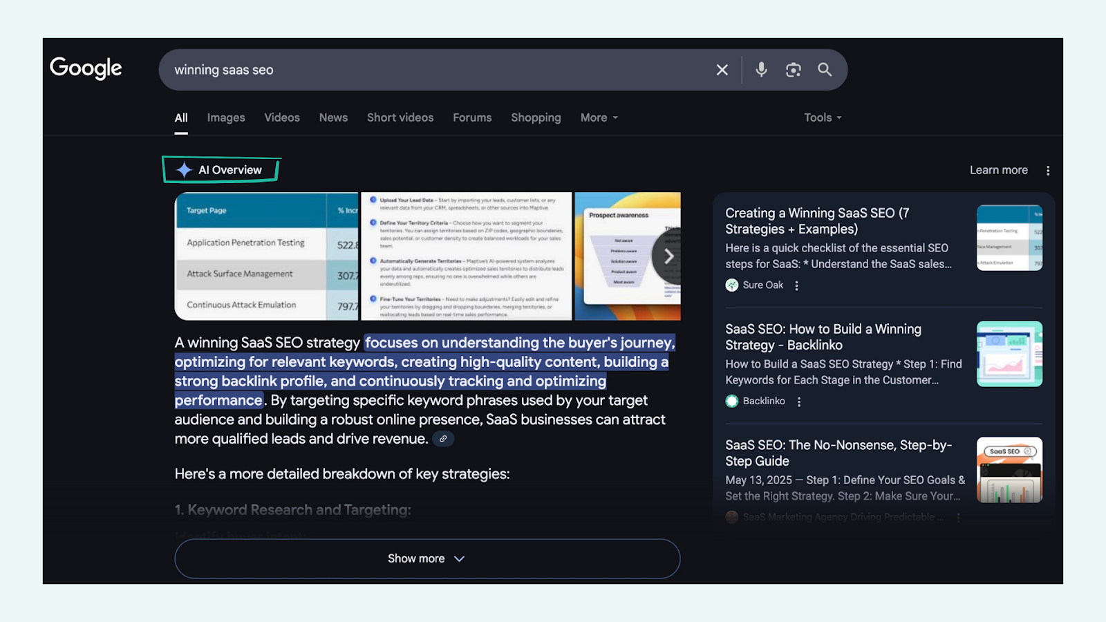 sample AI Overview for the search term winning saas seo