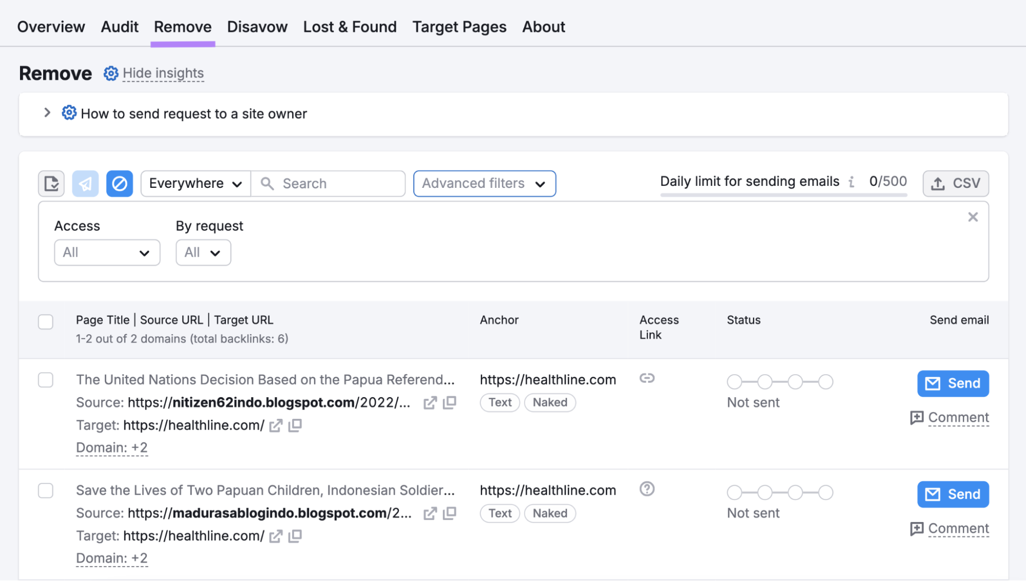 remove tab shows backlinks list and their status