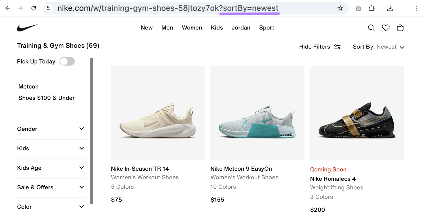 Nike product page has the parameter ?sortBy=newest in the URL.